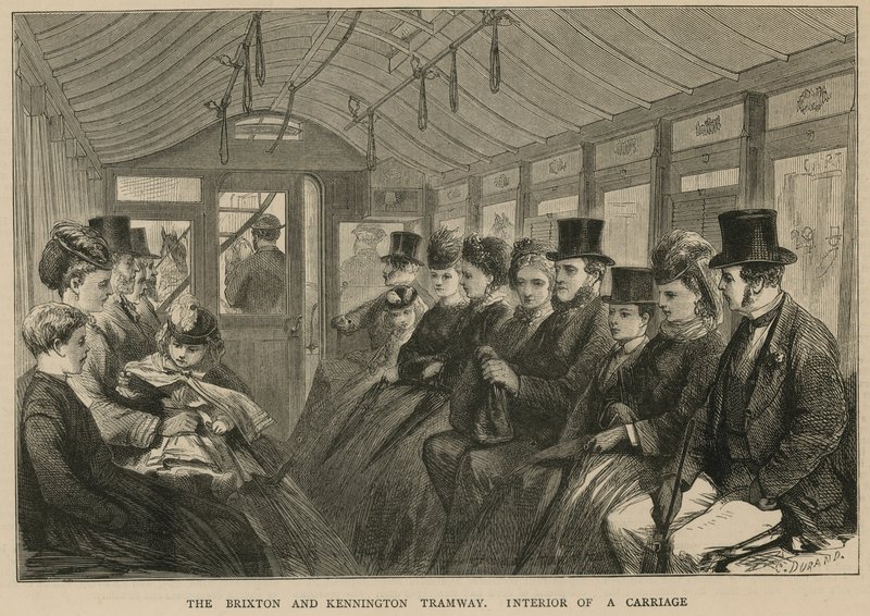 A Brixton és Kennington Tramway - egy kocsi belseje alkotó: English School