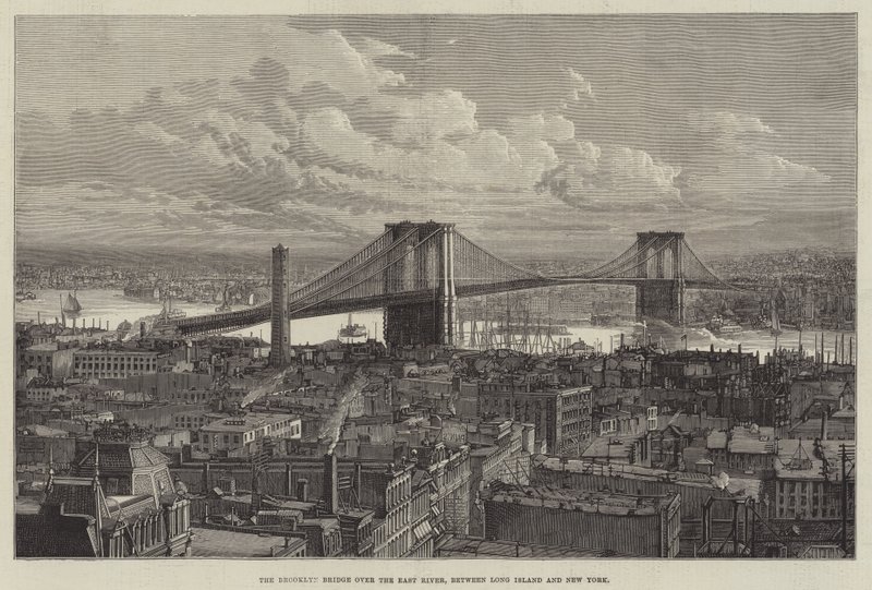 A Brooklyn híd az East River felett, Long Island és New York között (metszet) alkotó: English School