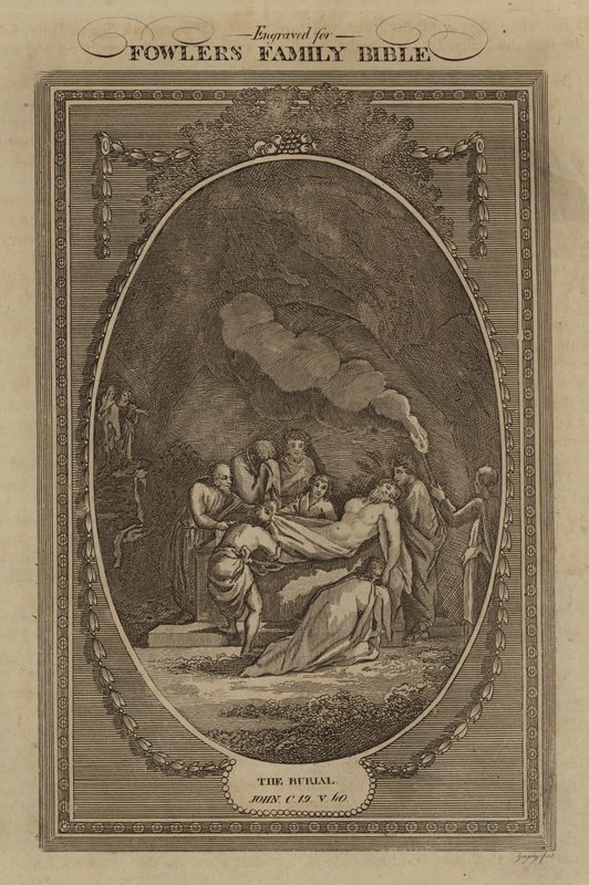 A temetés, János, 19. fejezet, 40. vers (metszet) alkotó: English School
