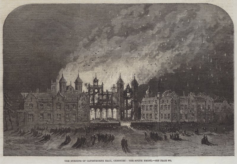 A Capesthorne Hall égése, Cheshire, a déli front (metszet) alkotó: English School