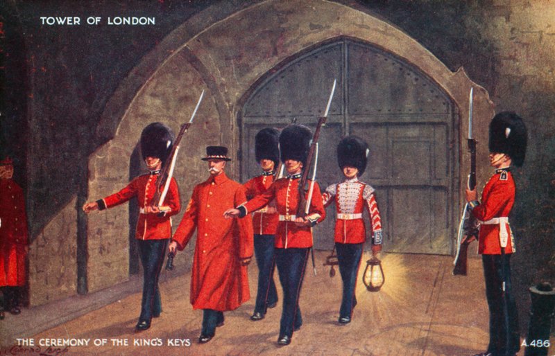 A királyi kulcsok szertartása, Tower of London (színes litográfia) alkotó: English School