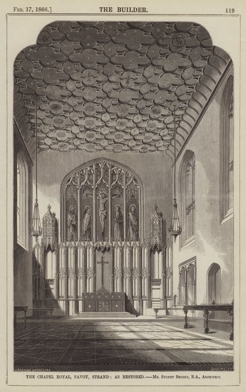 The Chapel Royal, Savoy, Strand, felújított állapotban, Mr. Sydney Smirke, RA, építész (metszet) alkotó: English School