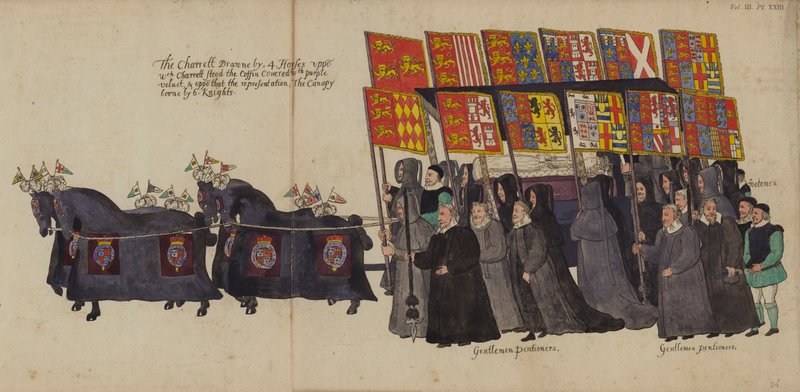 A szekér I. Erzsébet királynő temetési menetében (színes metszet) alkotó: English School