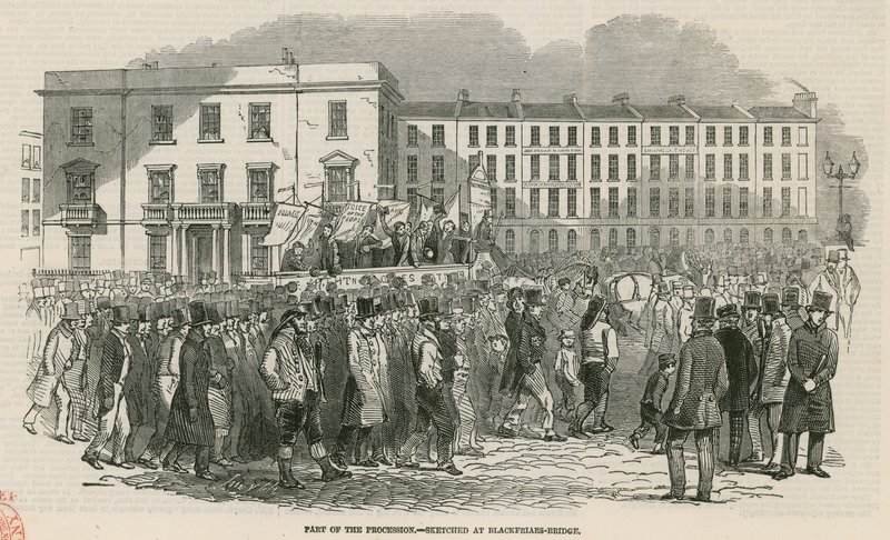 A Chartisták találkozója a Kennington Commonon 1848-ban, a körmenet része – a Blackfriars Bridge-nél vázlatosan alkotó: English School