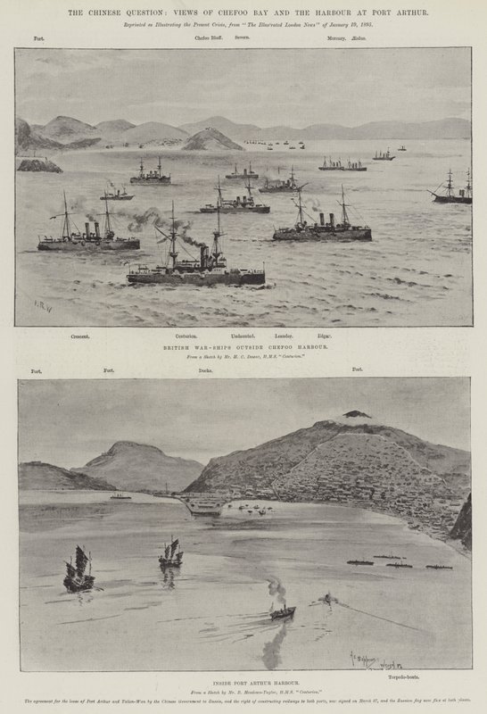 A kínai kérdés, kilátás a Chefoo-öbölre és a Port Arthur kikötőjére (litho) alkotó: English School