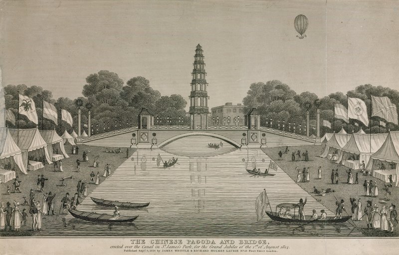 A kínai pagoda és híd, amelyet a Szent Jakab parkban a csatorna fölött emeltek a nagy jubileumra, 1814 alkotó: English School