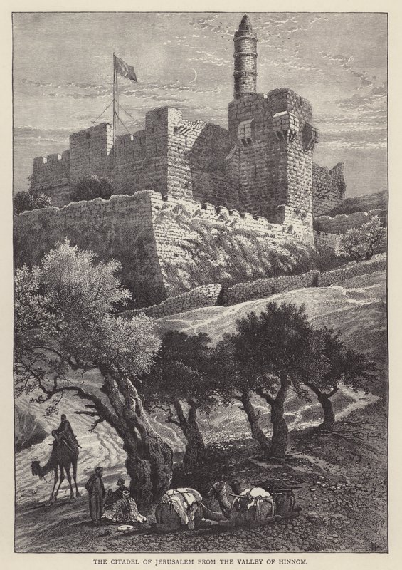 Jeruzsálem fellegvára a Hinnom-völgyből (metszet) alkotó: English School