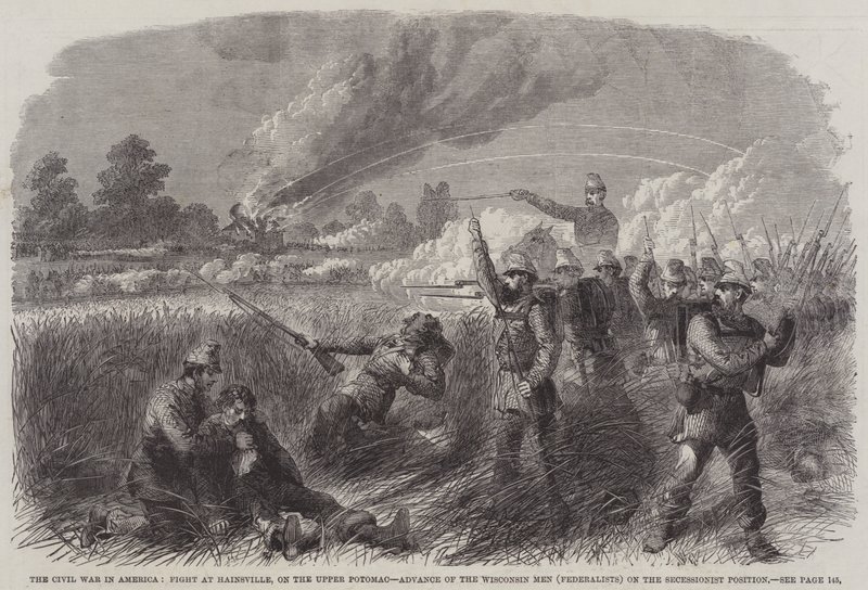 Polgárháború Amerikában, Harc Hainsville-ben, Potomac felső részén, A Wisconsin Men (Federalisták) előretörése a szecessziós állásponton (metszet) alkotó: English School
