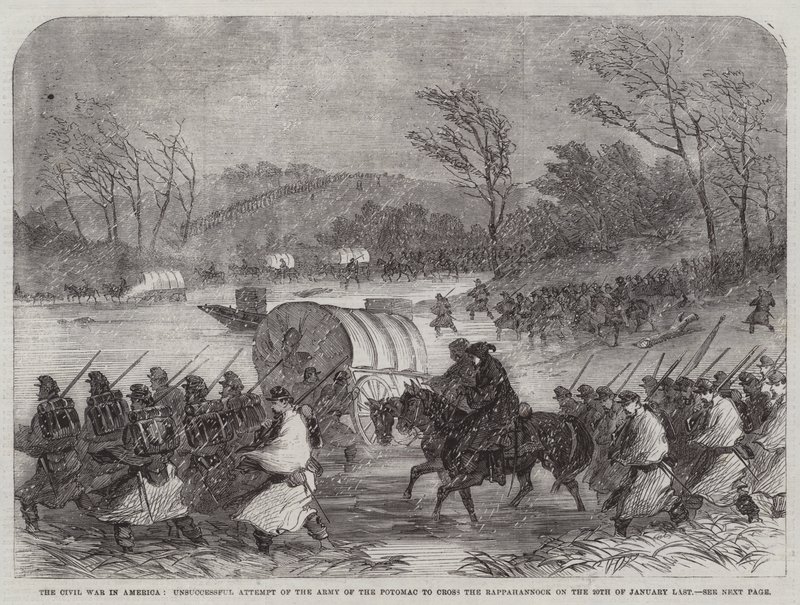 Polgárháború Amerikában, a Potomac hadsereg sikertelen kísérlete a Rappahannock átkelésére tavaly január 20-án (metszet) alkotó: English School