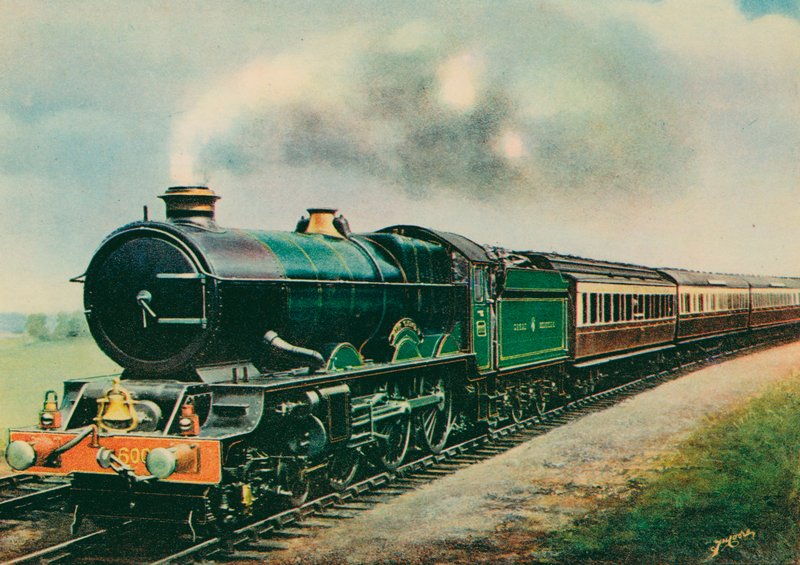 A „Cornish Riviera Express”, amelyet az „V. György király”, a Great Western Railway vontatott (színes litho) alkotó: English School