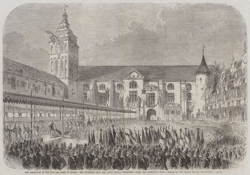 Porosz király és királyné koronázása, körmenet a königsbergi vártemplomból, a koronázás után (metszet) alkotó: English School