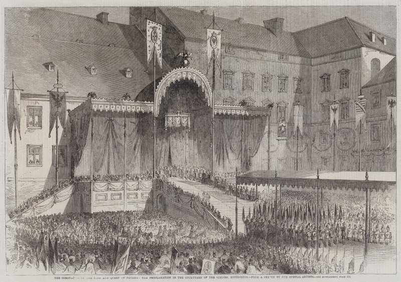 Porosz király és királyné megkoronázása, Kiáltvány a Königsbergi kastély udvarán (metszet) alkotó: English School