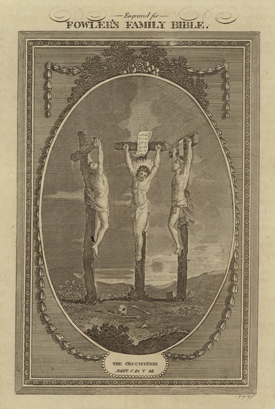A keresztre feszítés, János, 19. fejezet, 18. vers (metszet) alkotó: English School
