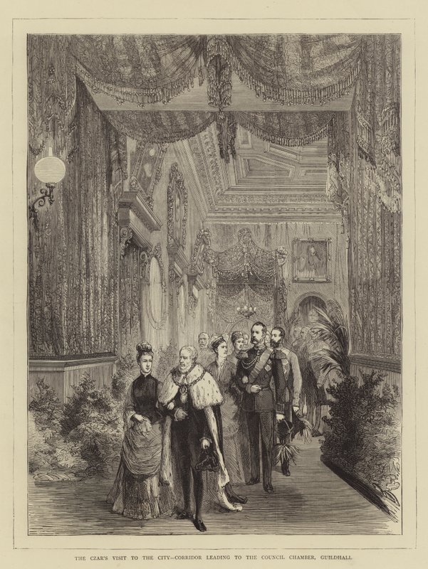 A cár városlátogatása, Tanácsteremhez vezető folyosó, Céhterem (metszet) alkotó: English School
