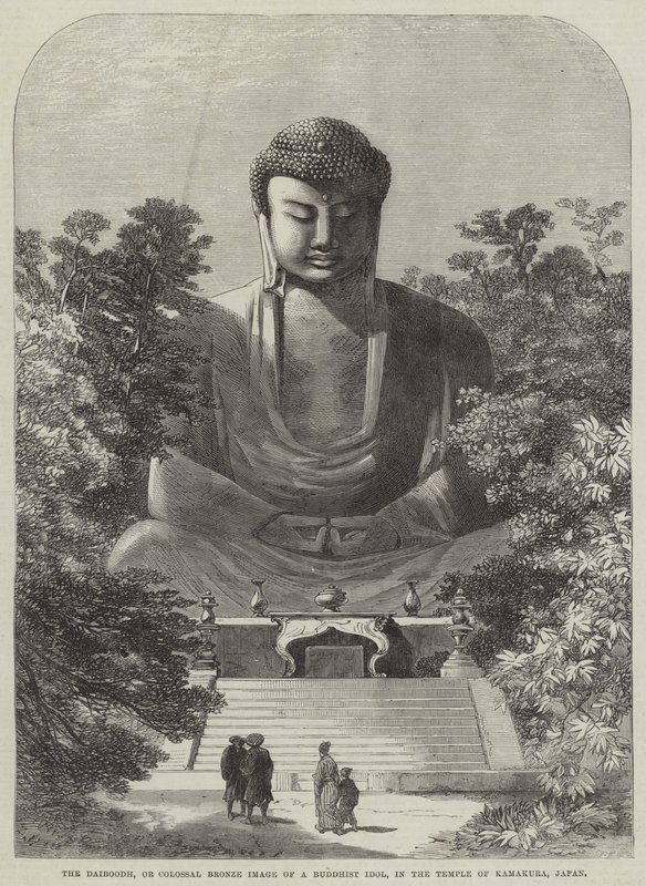 Daiboodh, vagyis egy buddhista bálvány kolosszális bronzképe a Kamakura templomban, Japánban (metszet) alkotó: English School