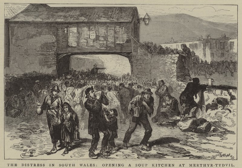 A dél-walesi nyomorúság, egy ingyenkonyha megnyitása Merthyr-Tydvilben (metszet) alkotó: English School