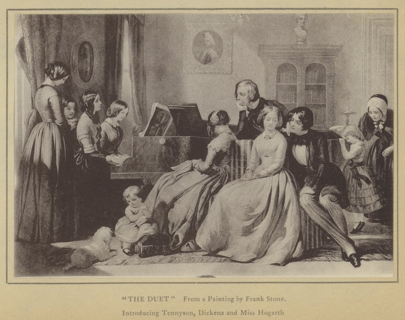 A Duett Frank Stone festményéből, bemutatva Tennysont, Dickenst és Miss Hogarthot (litho) alkotó: English School