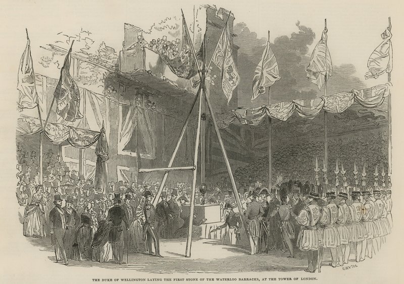 Wellington hercege lerakja a Waterloo laktanya első kövét alkotó: English School