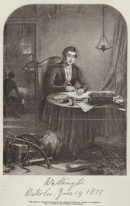 Wellington hercege Waterloo után írja a küldeményt (metszet) alkotó: English School