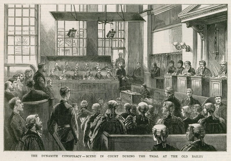 A Dynamite Conspiracy, jelenet a bíróságon az Old Bailey-i per során alkotó: English School