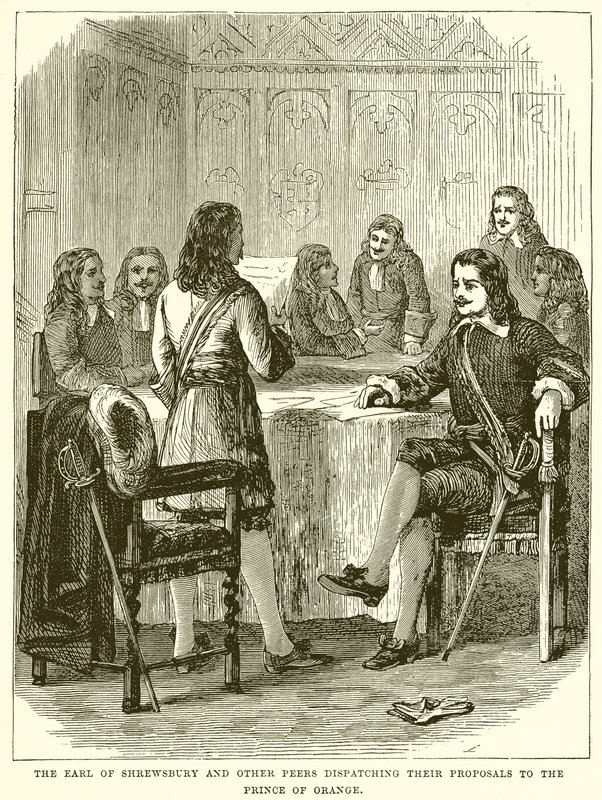 Earl of Shrewsbury és más társaik elküldik javaslataikat Orange hercegének alkotó: English School