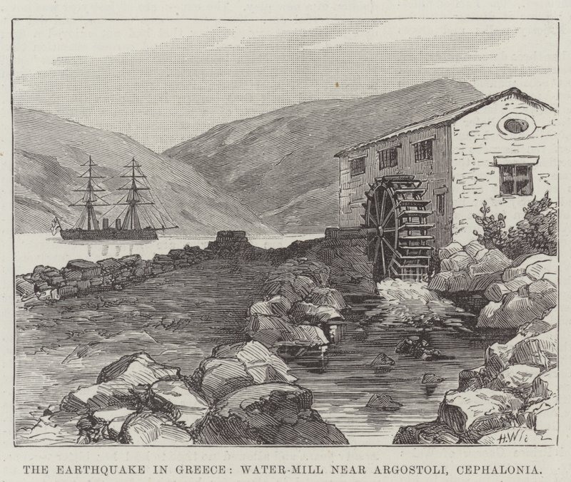Földrengés Görögországban, Vízimalom Argostoli közelében, Cephalonia (metszet) alkotó: English School