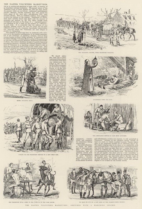 A húsvéti önkéntes manőverek, vázlatok menetoszloppal (metszet) alkotó: English School
