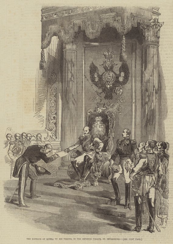 Oroszország császára a trónján, a császári palotában, Szentpétervár (metszet) alkotó: English School