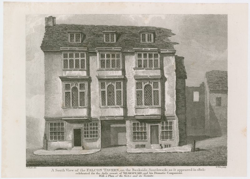 A Falcon Tavern a Bankside-on, Southwark. Ahogy 1805-ben megjelent alkotó: English School