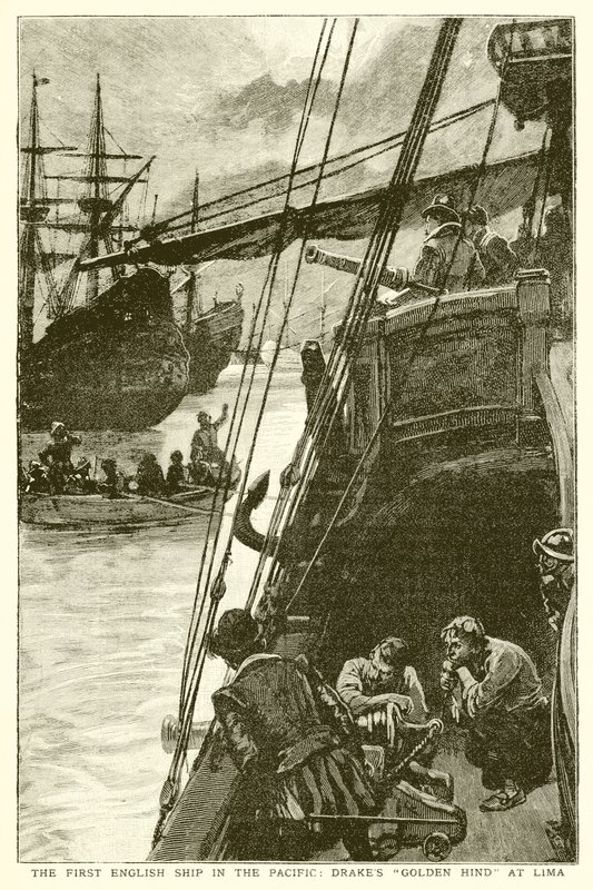Az első angol hajó a Csendes-óceánon: Drakes Golden Hind Limában alkotó: English School