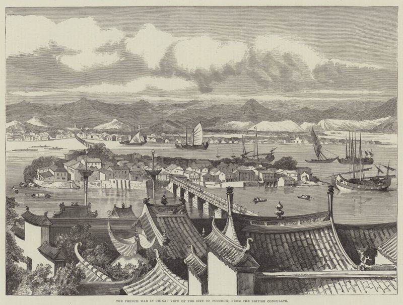 A francia háború Kínában, kilátás Foochow városára, a brit konzulátusról (metszet) alkotó: English School