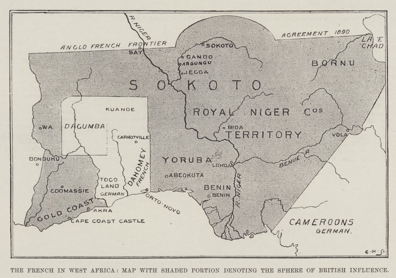 A franciák Nyugat-Afrikában, térkép árnyékolt résszel, amely a brit befolyási övezetet jelöli (litho) alkotó: English School
