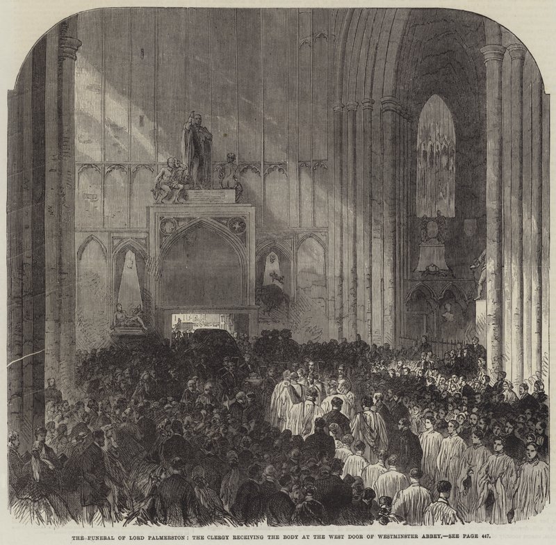 Lord Palmerston temetése, a holttestet átvevő papság a Westminster Abbey nyugati ajtajában (metszet) alkotó: English School