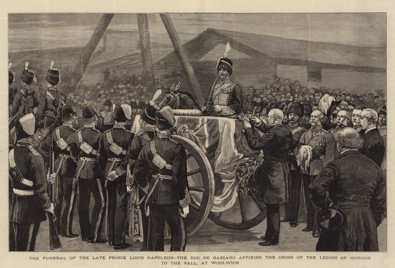 Louis Napóleon néhai herceg, Bassano herceg temetése, a Becsületrend Keresztjének a Pallhoz való rögzítése Woolwichban (metszet) alkotó: English School