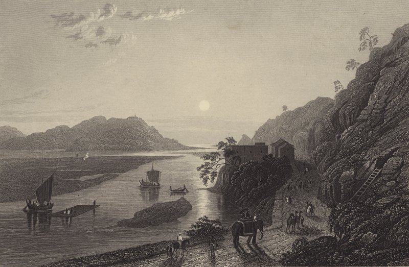 A Gangesz belép a síkságra Haridwar közelében (metszet) alkotó: English School