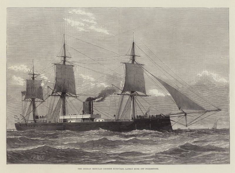 A német vaskalapos Grosser Kurfurst, nemrég elsüllyedt Folkestone-ról (metszet) alkotó: English School