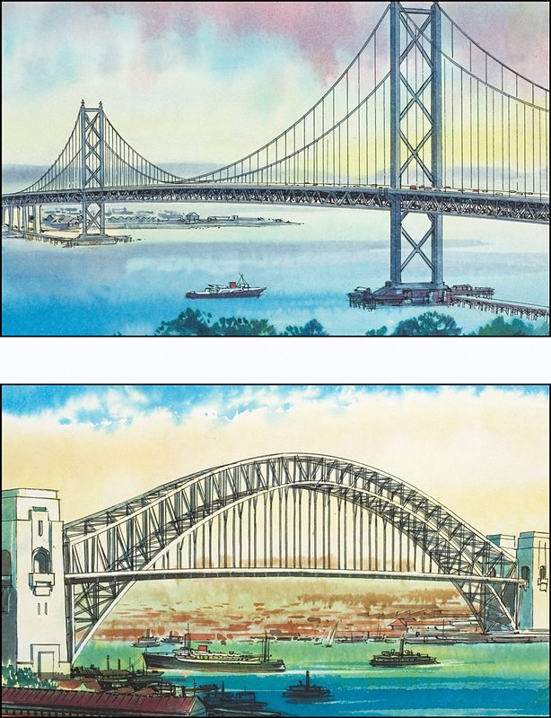 A Golden Gate híd San Francisco-ban és a Sydney Harbour Bridge alkotó: English School