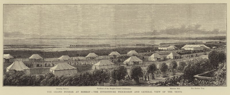 A Bombay-i Grand Durbar, a beruházói körmenet és a sátrak általános képe (metszet) alkotó: English School