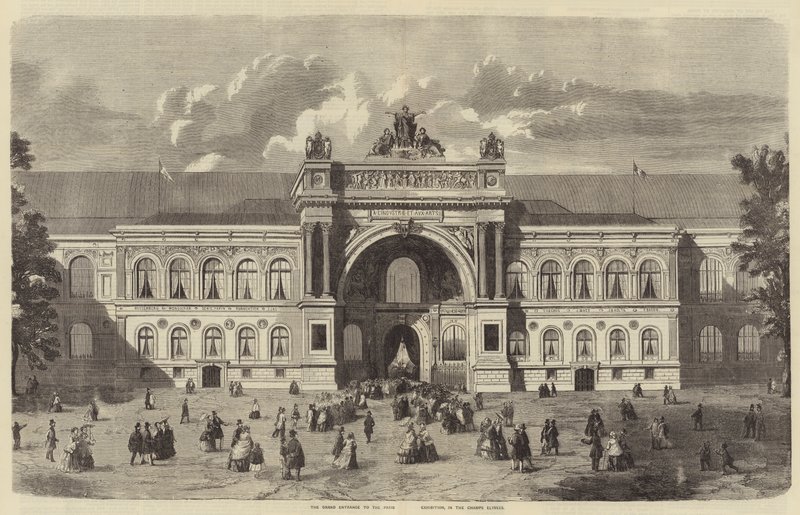A párizsi kiállítás nagy bejárata, a Champs Elyseesben (metszet) alkotó: English School