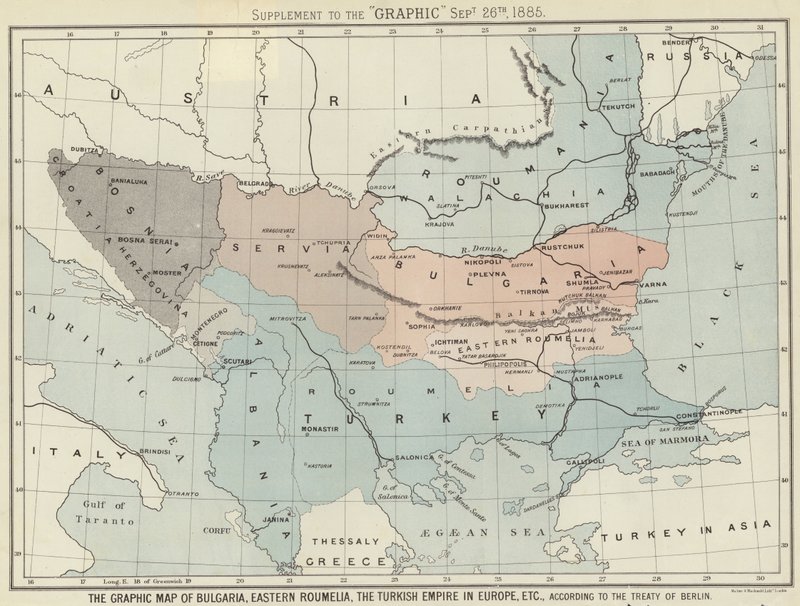 Bulgária, Kelet-Roumélia, a Török Birodalom grafikus térképe Európában alkotó: English School
