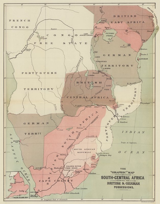 Dél-Közép-Afrika grafikus térképe, amely a brit és a német birtokot mutatja (színes litho) alkotó: English School