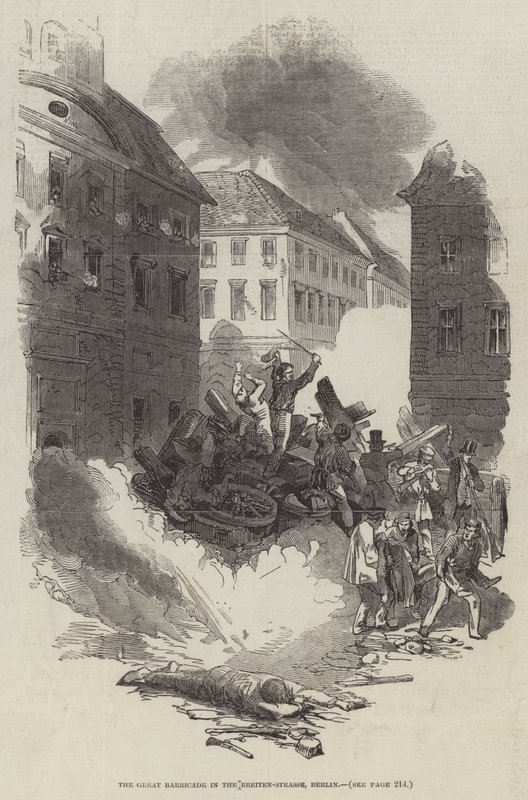 A nagy barikád a Breiten-Strassén, Berlin (metszet) alkotó: English School