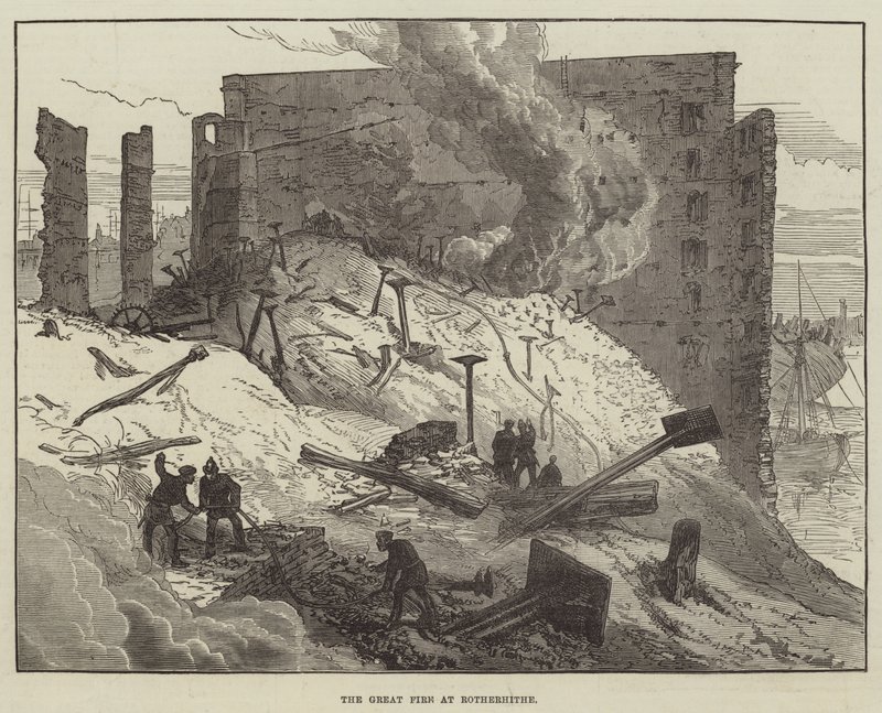 A nagy tűz Rotherhithe-ben (metszet) alkotó: English School