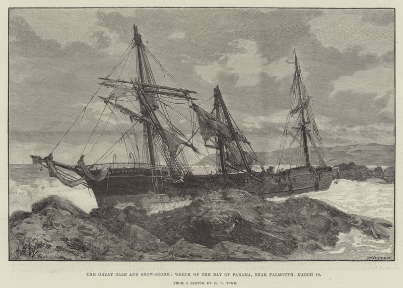 A Great Gale and Snow Storm, a Panamai-öböl roncsa, Falmouth közelében alkotó: English School