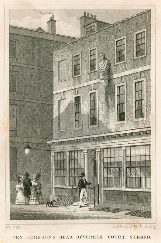 A Grecian Coffee House, Devereux Court, Strand, Ben Johnson mellszobrával alkotó: English School