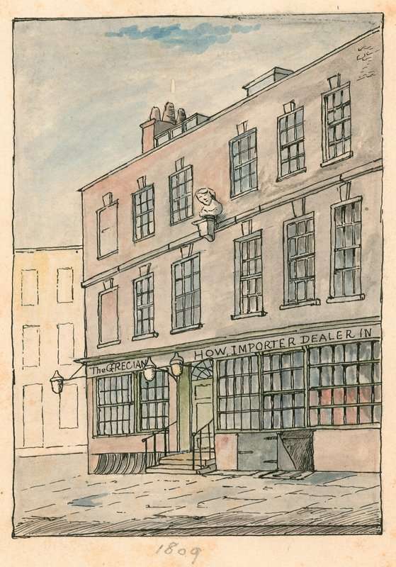 A Grecian Coffee House, Devereux Court, Strand, Ben Johnson mellszobrával alkotó: English School