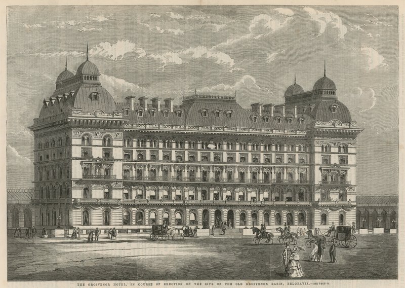 A Grosvenor Hotel építése folyamatban van a régi Grosvenori-medence helyén, Belgravia alkotó: English School