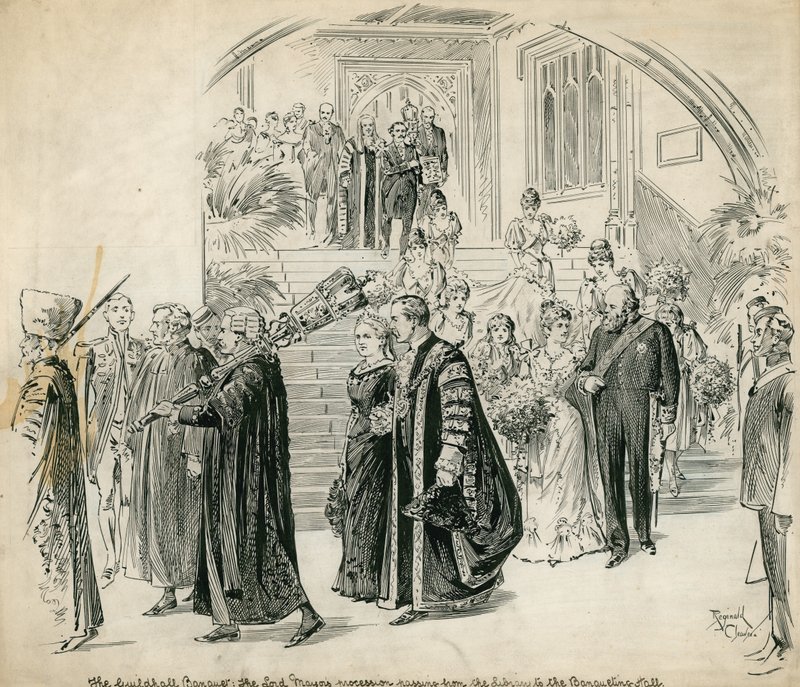 A Guildhall, London, bankett: a Lord Mayors felvonulása a könyvtártól a bankettteremig alkotó: English School