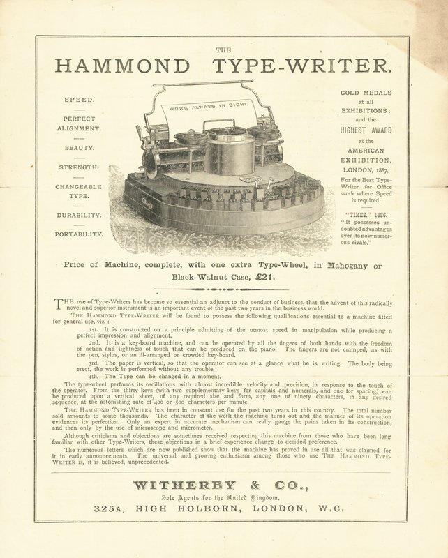 A Hammond Type-Writer a Wetherby & Co-tól, High Holborn, London alkotó: English School