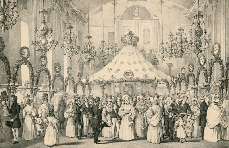 A Hannover Square Rooms, amikor Viktória királynő személyesen megtekintette az 1833. június 19-én megrendezett díszes vásárt a bajba jutott külföldiek megsegítésére. alkotó: English School